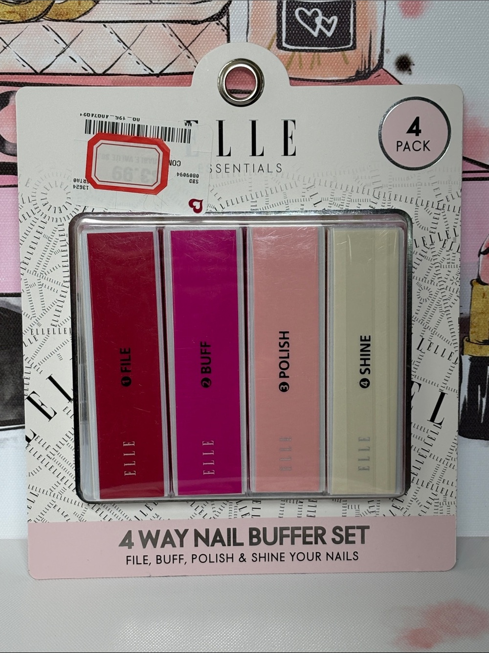 4 Pack Elle 4-Way Nail Buffer Set — Red, Pink, Peach & Cream